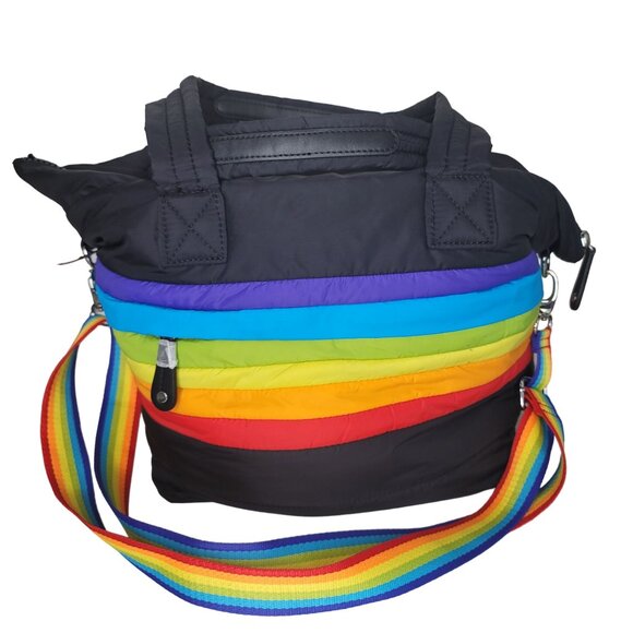 Sondra Roberts Squared Black puffer Tote Bag With Rainbow Stripes & long Strap - Picture 7 of 7